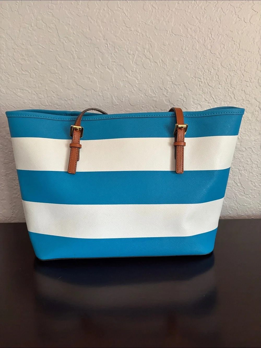 Michael Kors Turquoise & White Striped Medium Tote with Brown Straps